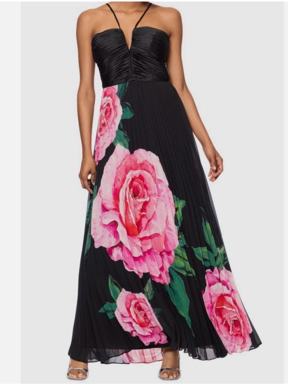 Xscape Black Maxi Dress with Pink Rose Print size 10